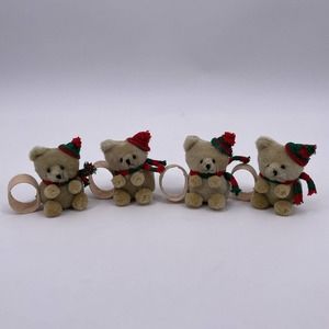 Vintage 1980s Christmas Bear Napkin Rings Reed Set of 4 Hat Scarf Teddy NOS NEW